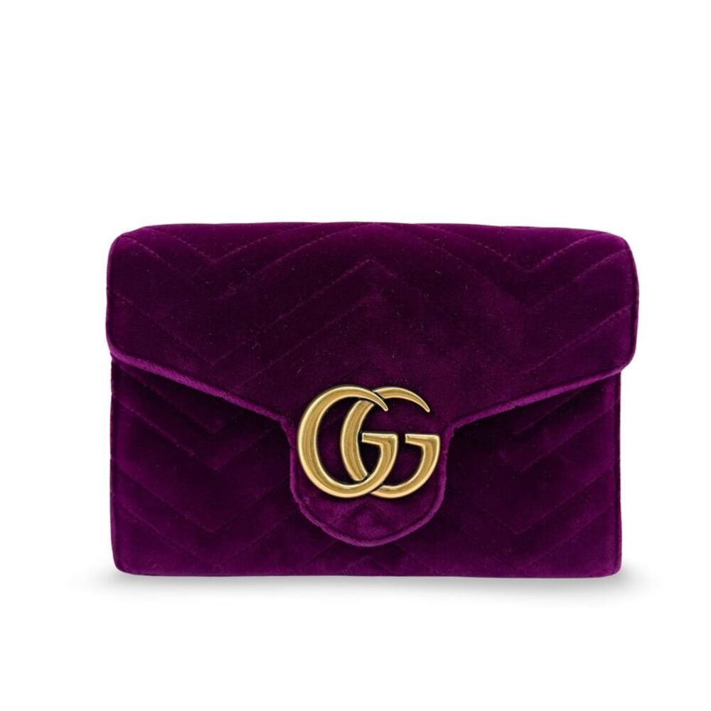 Gucci GG Marmont Super Mini Velvet Crossbody Bag Purple Gold Hardware